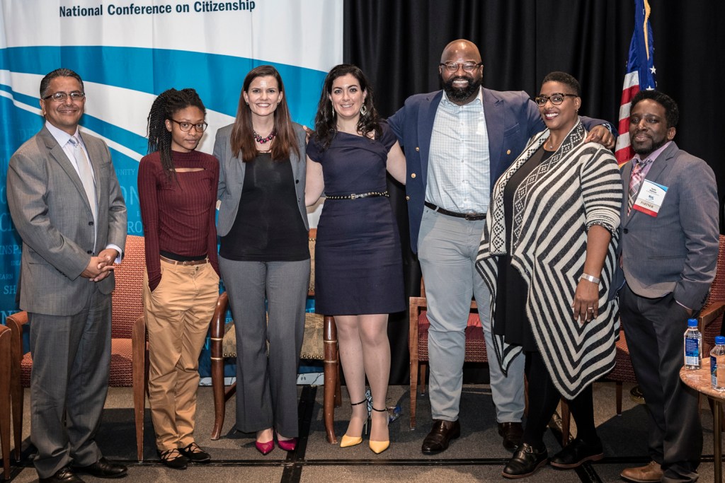 Panelists during the “Exploring Civic Learning as a Pathway to Equity and Opportunity” session hosted by PACE and NCoC during the latter’s annual conference in October 2017. (L-R) Robert Sainz (City of Los Angeles), Maya Branch (student), Kristen Cambell (PACE), Rebecca Burgess (American Enterprise Institute), Decker Ngongang (PACE), Keesha Gaskins-Nathan (Rockefeller Brothers Fund), and Verdis Robinson (The Democracy Commitment). Photo courtesy of PACE.