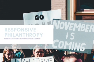Photo Collage Graphic featuring protestors with sign that says November is Coming